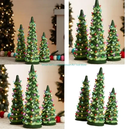 Christmas Trees E1PB Ceramic , Pre-Lit Hand-Painted Tabletop Holiday Decoration w/Multicolor Bulbs, LED Lights – Green