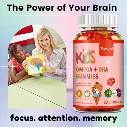 Kids Omega+DHA Gummies with Vitamin D3 - High IQ Brain Enhancer, Improve Memory and Concentration